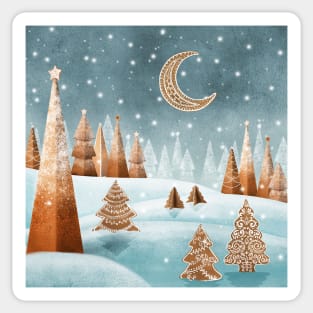 Gingerbread trees snow landscape watercolor illustration. Winter candy world fantasy print. Cookies spruce trees and moon. Sweet Christmas decorations Sticker